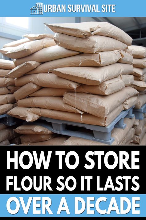 While flour typically has a shelf life of about 6 months, but when stored properly, white flour can last over 10-15 years. Uses For Old Flour, Canning Shelf Life, Storing Flour Long Term, How To Store Flour Long Term, How To Store Flour, Storing Food Long Term, How To Make Flour, Food Storage Rooms, Emergency Preparedness Food Storage