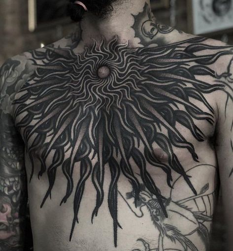 Black Out Chest Tattoo, Black Work Chest Tattoo, Dark Chest Tattoo, Blackwork Chest Tattoo, Dark Work Tattoo, 42 Tattoo, Piece Tattoo, Torso Tattoos, Tattoos Mandala