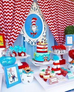 This Dr. Seuss 6th Birthday party is so much fun! Loving the dessert table! See more party ideas and share yours at CatchMyParty.com Dr Seuss Birthday Party Ideas, Doctor Suess Birthday, Dr Suess Birthday, Cat In The Hat Birthday, Hat Birthday Party, Dr Seuss Party Ideas, Cat In The Hat Party, Twin Birthday Parties, Dr Seuss Birthday Party