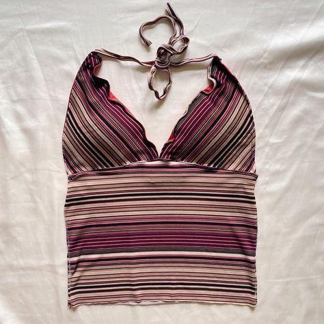 y2k style striped purple & brown halter top with... - Depop Brown Halter Top, Vintage Halter Top, Bra Pads, Padded Bras, Y2k Style, Stretchy Material, Lettuce, Halter Top, Good Quality