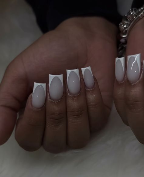 Grey Nails White French Tip, Grey Nails With French Tip, White And Grey French Nails, Short Grey French Tip Nails, Grey Nails White Tips, Nut White Nails With Design, Clear White French Tip Nails, White Base French Tip Nails, Grey And White French Tip Nails