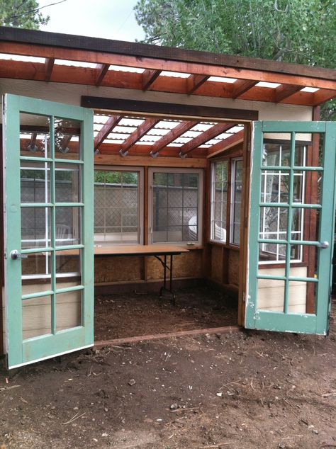 Old Window Greenhouse, Studio Cottage, Greenhouse Construction, Window Greenhouse, Yard Remodel, Diy Greenhouse Plans, Lean To Greenhouse, Backyard Walkway, Outdoor Greenhouse