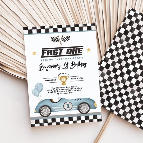 Retro Blue Fast One Race Car Boy 1st Birthday Invitation - tap/click to get yours right now! #Invitation #race #car, #vintage #racing #party, Racecar 1st Birthday, Vintage Race Car Party, Racing Party, Boys First Birthday Party Ideas, 2nd Birthday Invitations, Race Car Birthday, 1st Birthday Invitation, First Birthday Party Themes, Retro Birthday