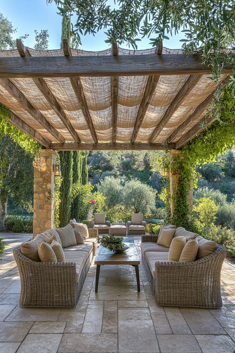 ♥ Are you dreaming of a cozy outdoor space to relax and entertain? Explore this modern attached pergola patio design, perfect for creating a Mediterranean vibe in your backyard. Get inspired with wall-mounted aluminum plans for a shade-covered retreat. 🌿🏡 #PatioIdeas #OutdoorDesign #PergolaDesign Outdoor Wooden Pergola, Mediterranean Pergola Ideas, Tuscan Backyard Ideas, Terrace Pergola Design, Italian Pergola, Outdoor Patio Stone, Exterior Pergola, Mediterranean Backyard Ideas, Pergola Seating