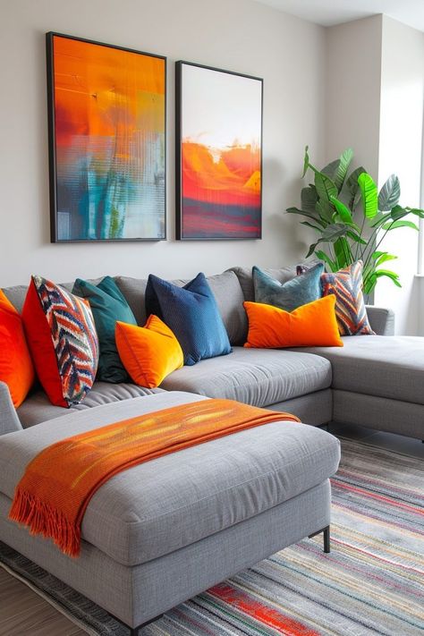 29 Grey Couch Living Room Ideas for a Chic and Versatile Space 14 Small Living Room Ideas Apartment Grey Couch, Colorful Living Room With Grey Couch, Grey Couch Colorful Living Room, Colorful Living Room Furniture, Grey Sofa Living Room Color Schemes, Grey Living Room Ideas Color Schemes, Airbnb Inspiration, Grey Couch Living Room Ideas, Sofa Colour Combinations