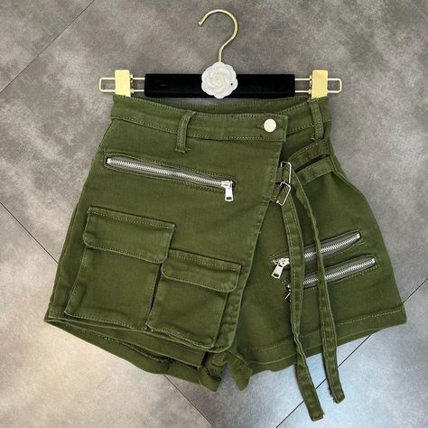 Zingj 2022 Summer New Arrivals High Waist Double Pockets Single Button Denim Shorts Skirt Women Short Jeans GF525 Loose Denim Shorts, Shorts Skirt, Green Belt, Cargo Skirt, Women Cargos, Short Jeans, Skirt Women, Colored Denim, Slim Waist