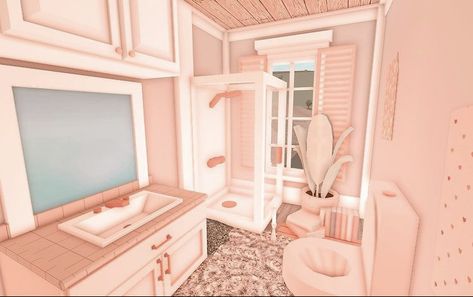 Preppy Bloxburg Bathroom, Beach House Bathroom Bloxburg, Bloxburg Decor, Blush Bathroom, Bloxburg Beach House, Pastel Bathroom, Blush Bedroom, Preppy House, Beautiful Pantry