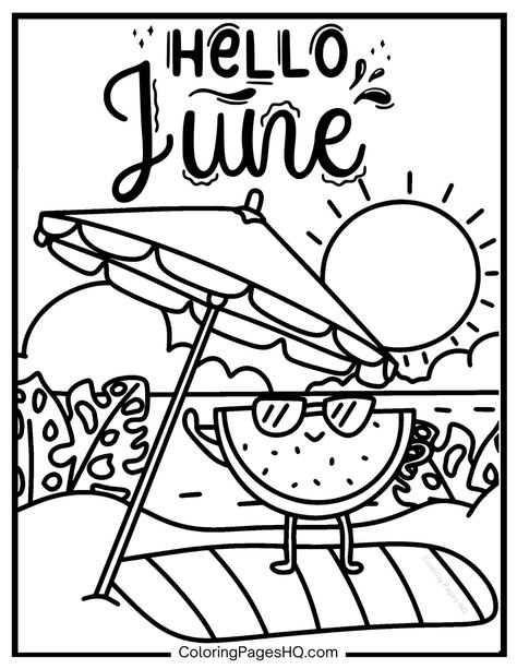 Hello June coloring page on the beach June Colors, Hello June, Binder Cover, Binder Covers, Months In A Year, Cover Pages, Coloring Page, To Color, Coloring Pages