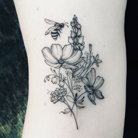 Bee And Wildflower Tattoo, Flowers And Insects Tattoo, Bee Tattoo Black And White, Bee And Flower Tattoo, Garden Tattoos, Insect Tattoo, Tattoo Board, Wildflower Tattoo, Bee Tattoo