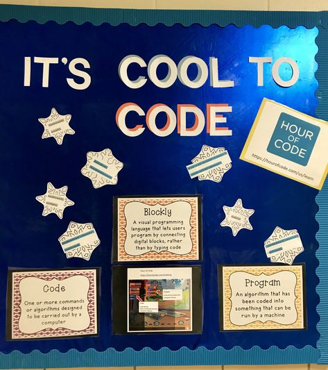 Hour of Code bulletin board. Coding. Elementary computer science. Computer Science Board Ideas, Coding Bulletin Board Ideas, Coding Classroom Decor, Computer Science Bulletin Board Ideas, Coding Bulletin Board, Computer Classroom Decor, Computer Science Humor, Computing Display, Technology Bulletin Board