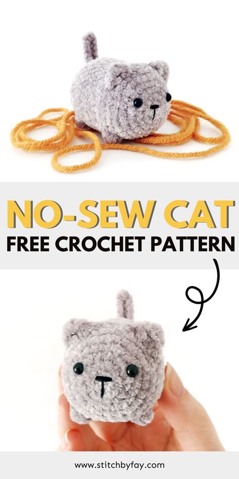 Crochet no-sew amigurumi cat pattern. Amigurumi Cat Free Pattern, Kat Haken, Crocheted Cat, Crochet Hack, Crochet Cat Pattern, Quick Crochet Patterns, Crochet Animals Free Patterns, Start Knitting, Scarf Knitting