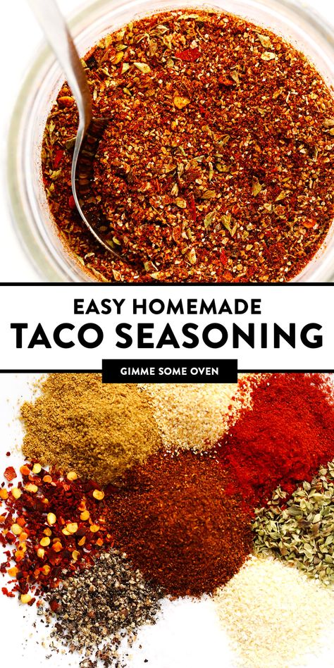 This homemade taco seasoning recipe is easy to make in just a few minutes with ingredients you already have in your spice cabinet. And it tastes great with everything from proteins (chicken, beef, pork, shrimp, tofu, etc.) to veggies, rice, beans, dips, salsa and more. | gimmesomeoven.com Diy Taco Seasoning, Make Taco Seasoning, Shake It Up, Homemade Taco Seasoning Mix, Homemade Taco Seasoning Recipe, Taco Mix, Taco Seasoning Recipe, Taco Seasoning Packet, Seasoning Recipe