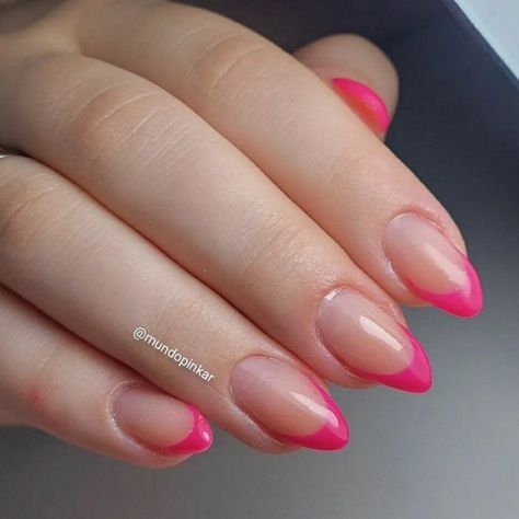 Fushia Tip Nails, Hot Pink French Tip Nails Oval, French Tip Nails Dark Pink, Pink Tip Oval Nails, Fushia French Tips, Fuschia Pink Nail Designs, Oval Hot Pink Nails, Hot Pink Oval Acrylic Nails, Fuschia French Tip Nails