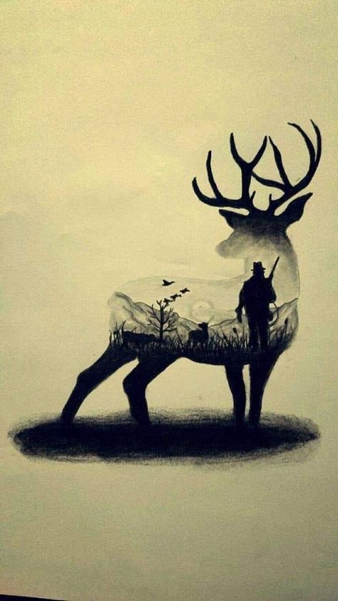 Deer Hunting Tattoos, Outdoor Tattoo, Moose Tattoo, Deer Tattoo Designs, Word Tattoo Ideas, Hunting Painting, Stag Tattoo, Wildlife Tattoo, Hunter Tattoo