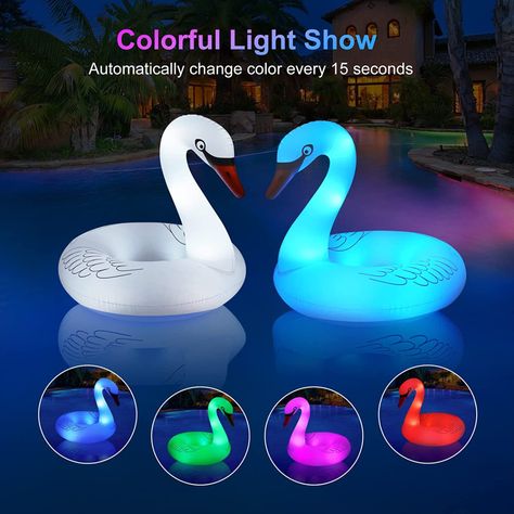 Inflatable Swan Pool Float with Colorful Lights, FlyfreeU Solar Powered LED Color Changing Swan Swim Tube Rings, 42'' Large Pool Beach Floaties Lake and Beach Floaty Summer Pool Raft Lounge for Adults Beach Floaties, Summer Pool Party Decorations, Solar Pool Lights, Swan Pool Float, Pool Raft, Pool Tube, Pool Floaties, Pool Rafts, Summer Party Themes