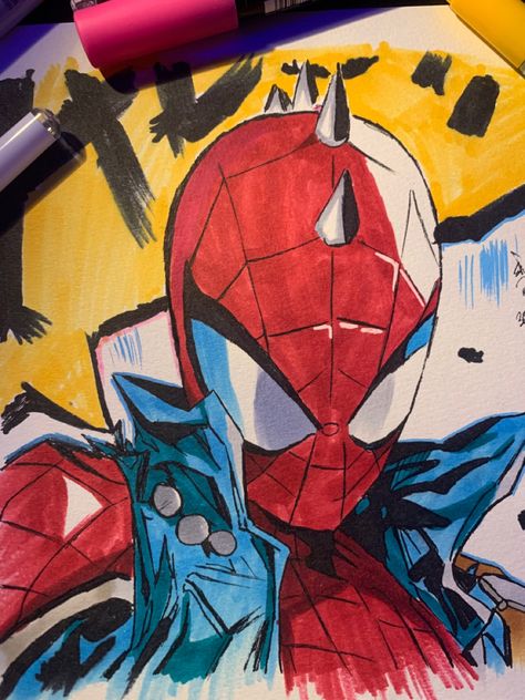 Spiderman Drawing Color, Spiderman Marker Art, Sketch Markers Drawing Ideas, Pen And Highlighter Art, Spiderman Marker Drawing, Spiderman Anime Art, Character Spreadsheet Drawing, Spiderman Sketchbook Ideas, Cute Spiderman Drawing