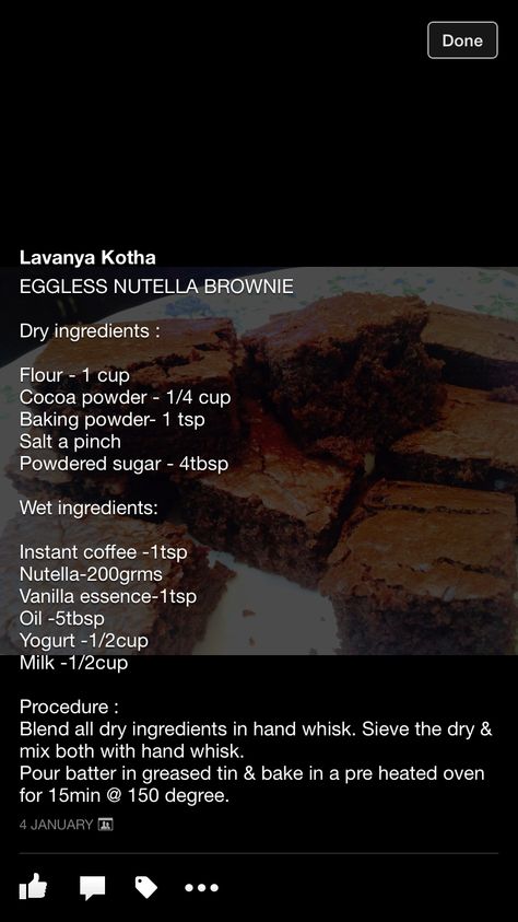 Eggless nutella brownie Easy Brownie Recipe No Eggs, Brownie Eggless, Brownie Deserts, Egg Desserts, Eggless Brownies, Eggless Brownie Recipe, Nutella Snacks, Nutella Brownie, Nutella Recipes Easy