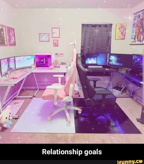 Found on iFunny His And Hers Gaming Room, Couple Gaming Room Setup, Homework Space, Purple Desk, Couple Room, Computer Gaming Room, Otaku Room, Computer Desks, Gamer Room Decor