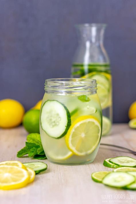 Lemon Lime Cucumber Water is healthy, sugar-fee and tastes better than pure water. Also perfect for detox and weight loss. #happyfoodstube #infusedwater #flavoredwater #drink #recipe #detox #cleanse #weightloss #lemonwater #limewater #cucumberwater #healthydrink #sugarfree #water Lime And Cucumber Water, Lime Cucumber Water, Cucumber Lemon Juice, Cucumber Detox Water, Infused Waters, Lemon Cucumber, Drinking Hot Water, Drinking Lemon Water, Lemon Water Benefits