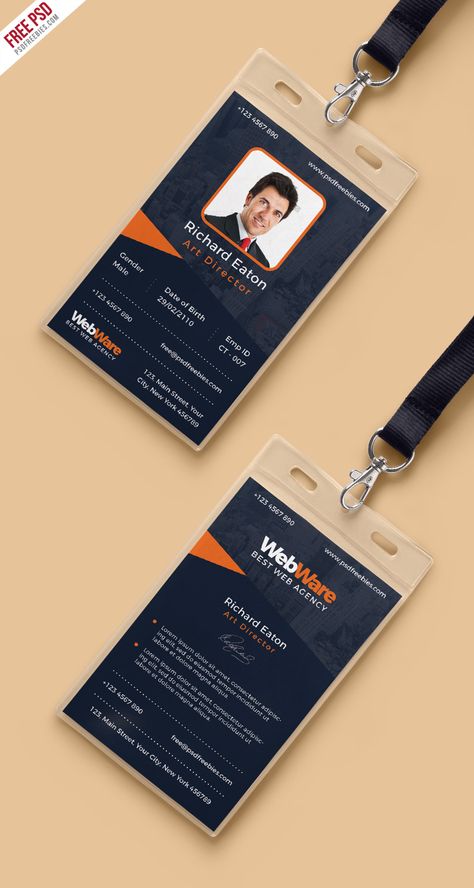 Download Free Vertical Company Identity Card Template PSD. This Vertical Company Identity Card Template is a designed for any types of agency, corporate and small big companies. This Vertical Company Identity Card Template PSD based CMYK 300 DPI and 2.13×3.39 Inch sizes with 2 PSD (Front and Back). Very easy to customized, grouped in organized folders and layers is well named, so it’s very easy to make custom changes. Id Card Ideas, Identity Card Template, Id Card Design Template, Staff Card, Identity Card Design, Employee Id Card, Id Card Design, What Is Fashion Designing, Employees Card