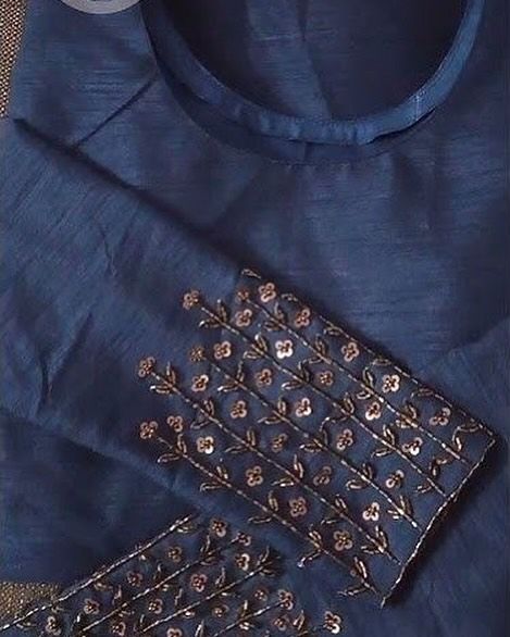 Zari Work Suits Party Wear, Gota Work Kurti, Embroidery Bail, New Hand Work Designs Suit, Marori Work Embroidery, Eclectic Bed, Blue Hand Embroidery, Hand Work Design, Zardosi Work