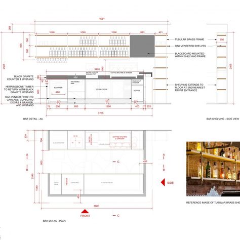 Restaurant Bar Dimensions, Restaurant Kitchen Dimension, Bar Dimensions Design Plan, Bar Design Drawing, Cafe Counter Dimensions, Bar Counter Detail Drawing, Bar Detail Drawing, Cafe Counter Layout, Bar Counter Design Restaurant