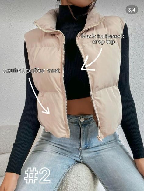 Light Brown Vest Outfit, Brown Vest Outfit, Vest Outfit, Turtle Neck Crop Top, Brown Vest, Black Turtleneck, Vest Outfits, Puffer Vest, School Outfit