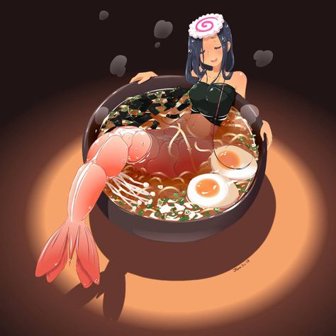 Ebi Ramen by JohnSu Mini Monster, Art Mignon, Food Drawing, Mermaid Art, 영감을 주는 캐릭터, Monster Girl, Kawaii Drawings, Food Illustrations, Creature Art