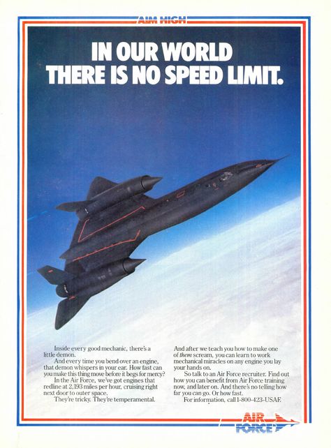 USAF Ad with Lockheed SR-71 Blackbird Fighter Planes Art, Lockheed Sr-71 Blackbird, Lockheed Sr 71, Aerospace Design, Military Poster, Aviation Humor, Aviation Posters, Sr 71 Blackbird, Old Planes