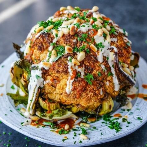 Primal Gourmet, Roasted Cauliflower Head, Roasted Cauliflower Recipes, Spiced Cauliflower, Steamed Cauliflower, Whole Roasted Cauliflower, Head Of Cauliflower, Baked Cauliflower, Whole30 Recipes