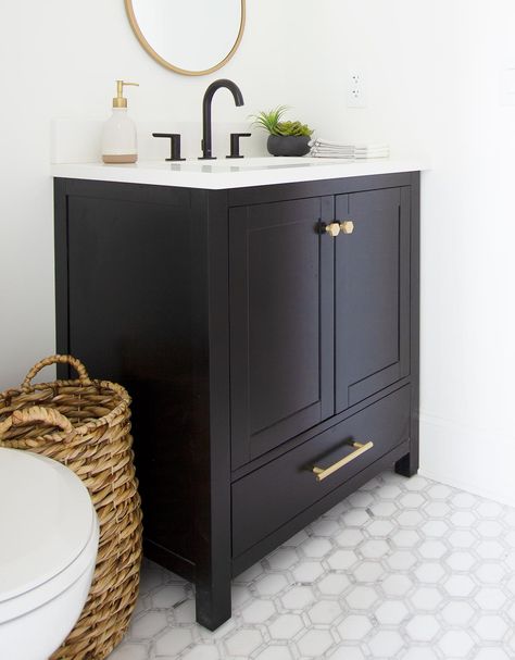 How to Create a Beautiful Guest Bathroom - Plank and Pillow Black And White And Tan Bathroom, Half Bathroom Black Vanity, Guest Bathroom Black Vanity, 24inch Bathroom Vanity, 36 Inch Bathroom Vanity Ideas, Freestanding Bathroom Vanity, Charcoal Vanity Bathroom, Black Accents Bathroom, Charcoal Bathroom Vanity