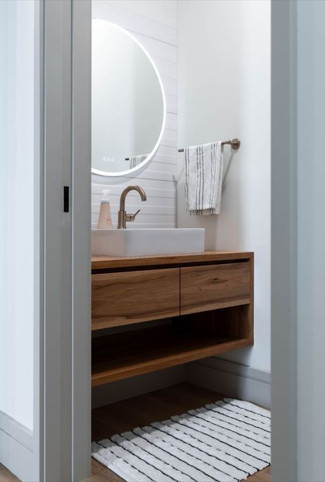 Powder Room Floating Vanity, Bathroom Small Modern, Floating Vanity Powder Room, Half Bath Modern, Diy Floating Vanity, White Floating Vanity, Modern Bathroom Design Contemporary, Small Bathroom Sink Cabinet, Modern Floating Vanity