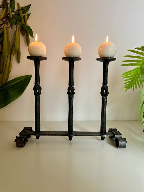 Vintage Sculptural Candelabra made from Wrought Iron - Brutalist Metal Candle Holder - Vintage Halloween Mantlepiece Candle Display Candle Holder Aesthetic, Candle Holder Ideas, Goth Bedroom, Candle Display, Vintage Candle Holder, Candle Holder Vintage, Ball Candles, Metal Candle Holder, Vintage Candle