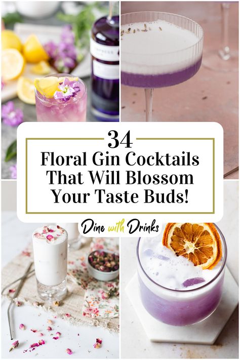 Collage of 4 floral gin cocktails. Hendricks Flora Adora Recipes, Floral Cocktail Recipes, Floral Cocktails Drinks, Spring Mixed Drinks, Pretty Gin Cocktails, Hendrix Gin Cocktails, Flora Adora Gin Recipes, Hendricks Gin Cocktails, Gin Mixed Drinks