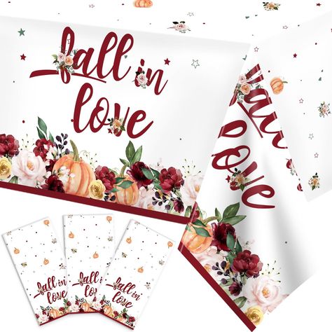 PRICES MAY VARY. 💕Fall Bridal Shower Decorations- Package includes 3 fall in love tablecloths. Designed with an autumn-inspired wine floral and pumpkin pattern, these disposable plastic table covers bring elegance and warmth to your event. The blend of rich, earthy colors creates a cozy atmosphere that will make your guests fall in love with the décor. 💕Perfect Size- The fall in love bridal shower tablecloths measures 70"L x 43"W inches, suitable for autumn table decoration. This tablecloths c Fall Bridal Shower Centerpieces, Fall Wedding Shower Decorations, Fall In Love Bridal Shower Ideas Decor, November Bridal Shower Ideas, Falling In Love Bridal Shower Theme, Fall Theme Wedding, Fall Bridal Shower Decorations, Engagement Party Themes, Fall In Love Bridal Shower