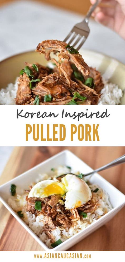 Korean Pulled Pork Instant Pot, Asian Food Instant Pot, Instant Pot Pork Tenderloin Pulled Pork, Asian Pulled Pork Instant Pot, Insta Pot Pork Shoulder Recipes, Korean Pork Crockpot Recipes, Asian Pulled Pork Recipes, Pulled Pork Over Rice, Asian Pork Instant Pot Recipes