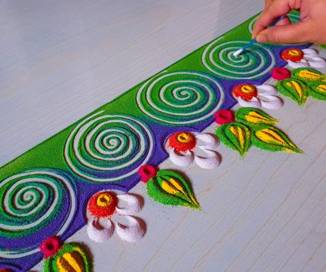 Rangoli Border Designs Latest, One Side Rangoli Designs, Side Design For Rangoli, Rangoli Designs Border Latest, Rangoli Borders Design Simple, Boundary Rangoli Design, Border Design Rangoli Easy, Ragoli Color Design 2023, Rangoli Designs White