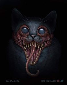 Evil Cat Art, Zombie Cat Tattoo, Evil Cat Drawing, Scary Cat Drawing, Creepy Cat Art, Horrifying Creatures, Demonic Cat, Evil Cats, Creepy Cats