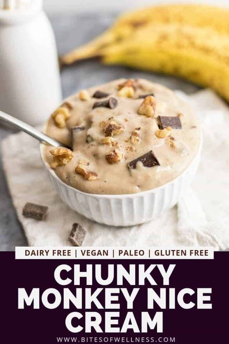 Chunky Monkey Nice Cream is a healthy and easy dessert made from frozen bananas that tastes just like ice cream! Packed with protein, this healthy dessert is vegan, gluten free, dairy free and so easy to make! All you need is a food processor and 5 minutes! This is the perfect way to satisfy your sweet tooth! Healthy Chunky Monkey Ice Cream, Chunky Monkey Ice Cream, Ice Cream Vegan, Vegan Fudge, Banana Nice Cream, Creami Recipes, Frozen Bananas, Chunky Monkey, Ww Desserts