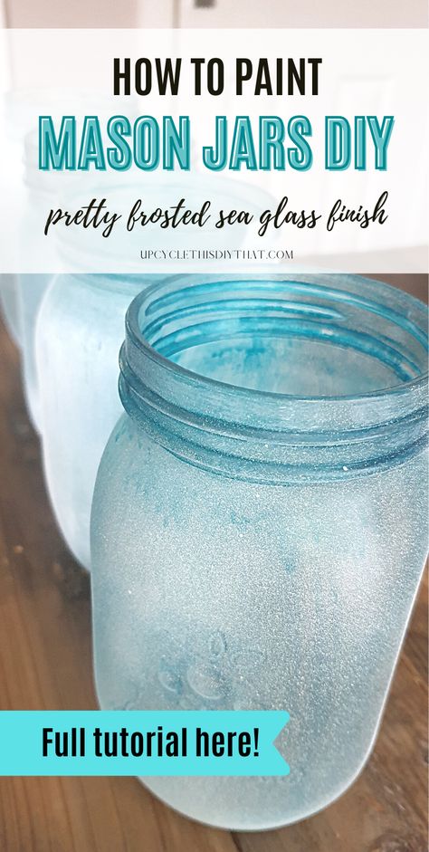 Painting mason jars is a great way to add a unique and stylish touch to any home decor. With this tutorial, you'll learn how to make a frosted sea glass finish with spray paint and glass stain. You'll be able to turn your ordinary mason jars into one-of-a-kind decor pieces in a few easy steps. If you're looking for a fun and creative do-it-yourself project, this is the one for you! Check it out! How To Frost Mason Jars Diy, How To Crackle Paint Glass Mason Jars, Mason Jar Upcycle, How To Make Glass Look Frosted, Painted Jars Aesthetic Easy, Frosted Mason Jars Diy, Frosted Glass Jars Diy, Ball Mason Jars Ideas, How To Make Frosted Glass Jars