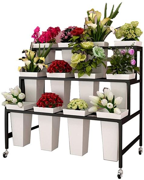 Flower Display Stand, Flower Shop Display, Moving Plants, Farmers Market Flowers, Flower Shop Interiors, Flower Shop Design, Metal Flower Pots, Stand Flower, Flower Cart