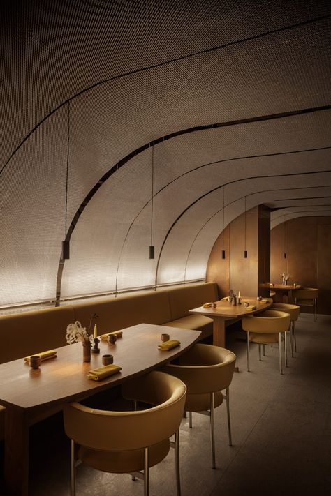 Mustard Yellow Interior, David Thulstrup, Yellow Interior, Melbourne House, Restaurant Lighting, Material Palette, Copper Wall, Metal Ceiling, Fine Dining Restaurant