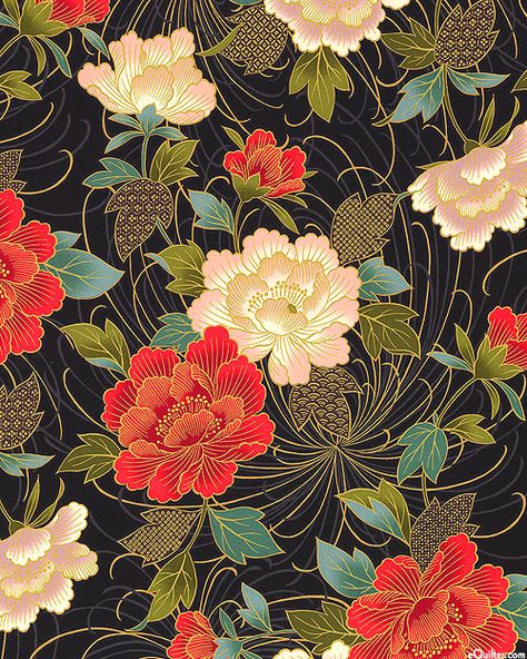 Japanese Floral Art, Japanese Prints Pattern, Japanese Fabric Prints, Japanese Fabric Pattern, Japanese Flower Design, Japanese Florals, Peony Japanese, Japanese Floral Design, Asian Pattern