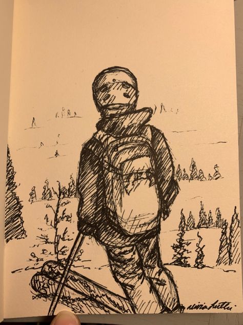 Easy Ski Drawing, Ski Sketch, Skiing Tattoo Ideas, Ski Drawing Simple, Snowboard Doodle, Skiing Drawing, Skiing Drawing Simple, Skiing Sketch, Ski Sketch Drawings