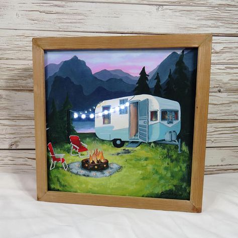 Vintage camper art, Vintage R.V. art, Art with LED lights, Mountain art, summer Vintage Camper Art, Camper Art, Lds Art, Forest Bathing, Camping Decor, Red Chair, Vintage Camping, Camping Art, Vintage Camper