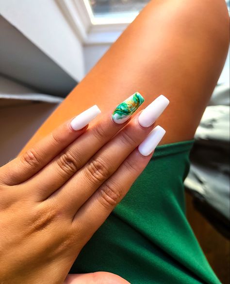 Green Dip Powder Nails, Marble Accent Nails, Green Nail Design, White Nails With Gold, Ball Shoes, Water Marble Nails, Winter Ball, Green Nail Designs, Green Nail