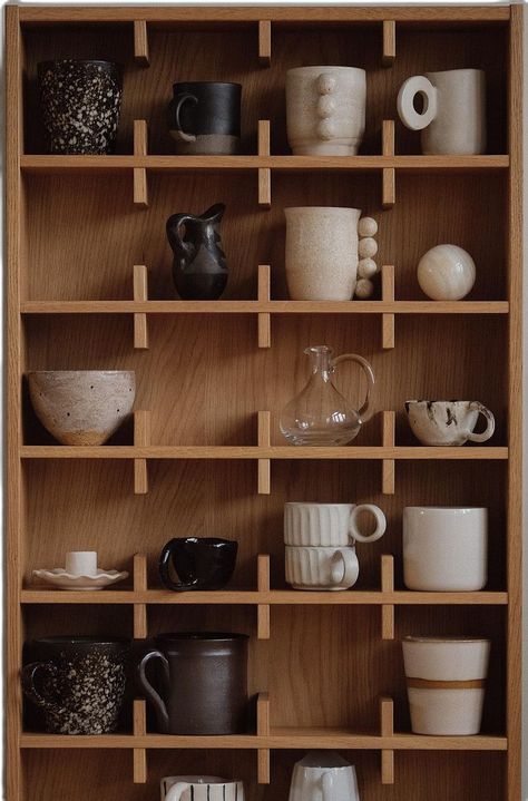 Wooden Stair Railing, Shelf In Kitchen, Kitchen Shelf Design, Copenhagen Home, Coffee Shelf, Cup Shelf, Mug Storage, Art For Kitchen, Kitchen Shelf Decor