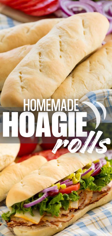 A collage image showing a pile of freshly baked homemade hoagie rolls as well as a hoagie roll sandwich. Recipes With Hoagie Rolls, Easy Hoagie Rolls, Homemade Hoagie Rolls, Homemade Sub Rolls, Bread Machine Hoagie Rolls, Quick Hoagie Rolls Recipe, Hoagie Sandwiches Recipes, Sourdough Hoagie Rolls Recipe, Handmade Farmhouse Hoagie Rolls