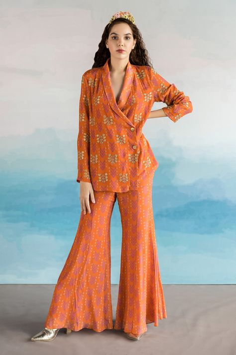 Shop for Ease Orange Pure Crepe Overlap Jacket And Pant Set for Women Online at Aza Fashions Cod Sets Women New Design, Cod Set Designs, Cod Sets Women Indian, Cod Sets Women, Crepe Outfit, Cod Set, Coordinate Sets, Co Ords Outfits, Flare Pant