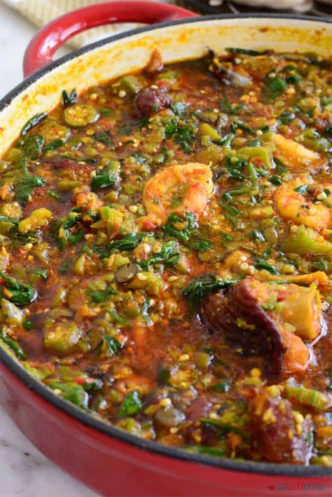 Okro Soup with spinach | Chef Lola's Kitchen Okro Soup, Okra Soup Recipe, Okra Soup, Soup With Spinach, Okra Stew, Nigeria Food, African Recipes Nigerian Food, Ghanaian Food, West African Food